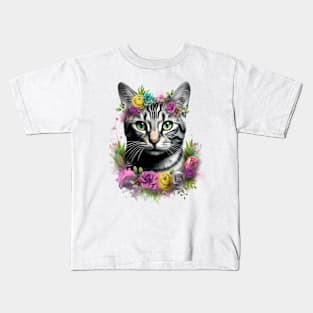 Bengal Cat Flowers Water Color Cat Mom Mother's Day Gift Kids T-Shirt